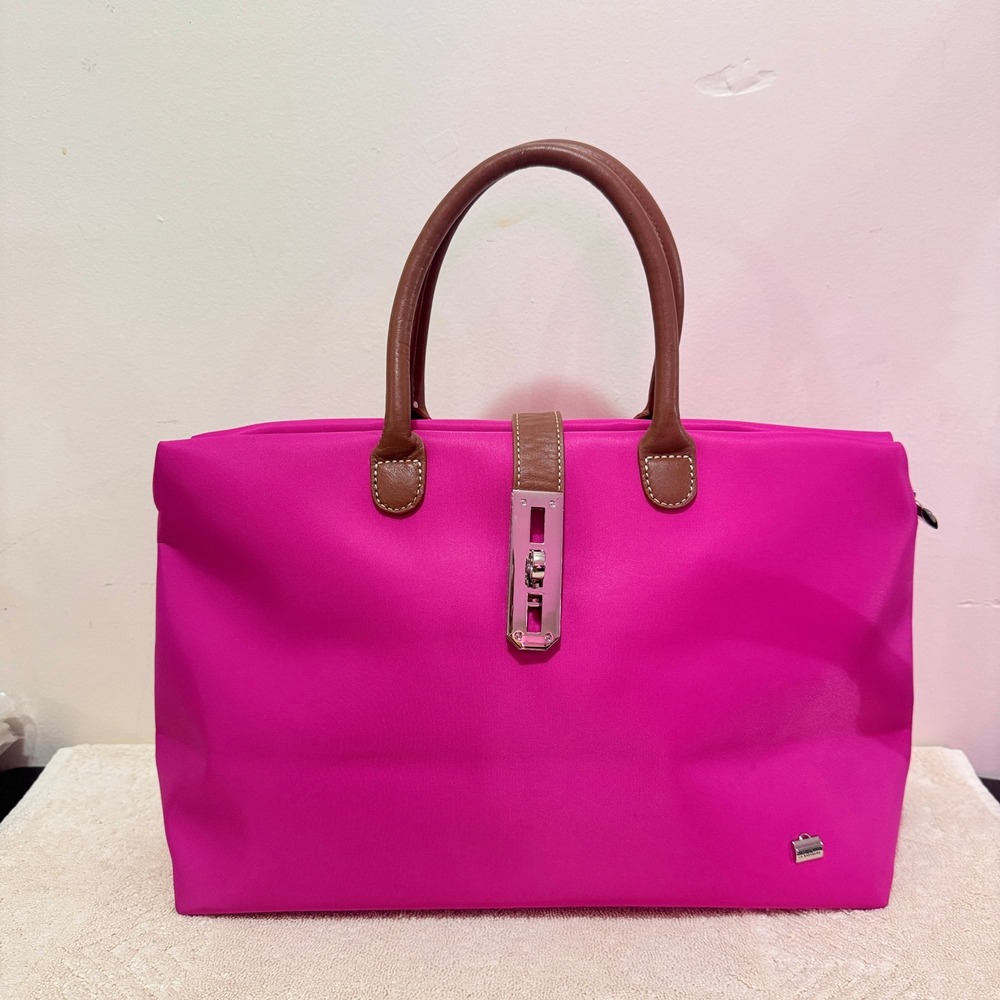 La Bagagerie Women's Hot Pink Nylon Leather Trim Large Tote Handbag